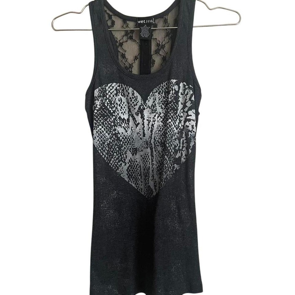VTG Y2K Gray Snakeskin Heart Glitter Lace Tank Top Medium Fairy Grunge Whimigoth
